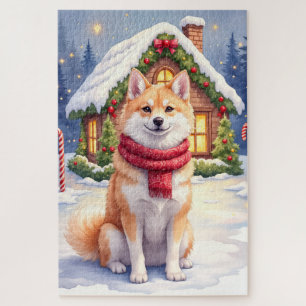Watercolor Akita Gingerbread House Kerstmis Legpuzzel