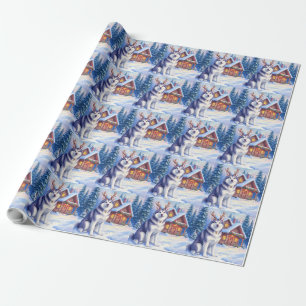 Watercolor Alaskan Malamute Rendier Kerstmis Cadeaupapier