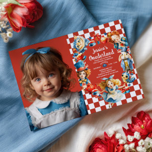 Watercolor Alice in ONEDERLAND 1e verjaardag foto Kaart