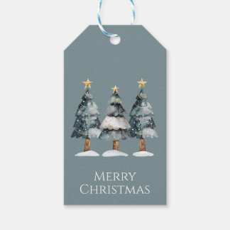Watercolor altijdgroene bomen met gouden sterren o cadeaulabel