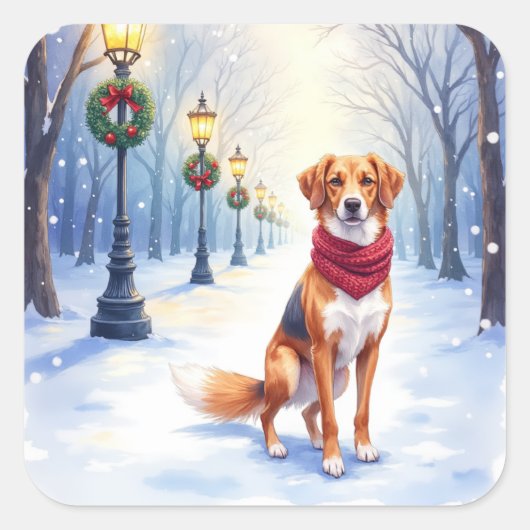 Watercolor American Foxhound Snowy Lamppost Vierkante Sticker (Voorkant)