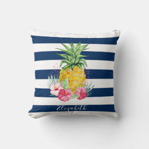Watercolor Ananas Hibiscus, Marineblauwe Streep Kussen