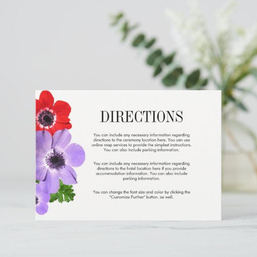 Watercolor Anemone Bloemige Huwelijksrichtingenkaa Kaart (Staand voorkant)