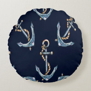 Watercolor Ankers Marineblauw Rond Kussen