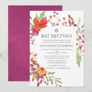 Watercolor Aquarel Wilde Bloem Bat Mitzvah Kaart