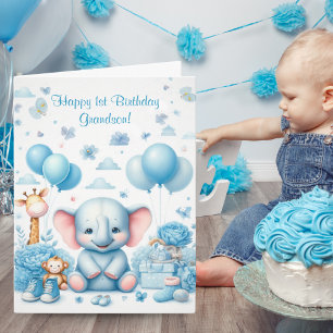 Watercolor Baby Blauwe Olifant 1e Verjaardag Kaart