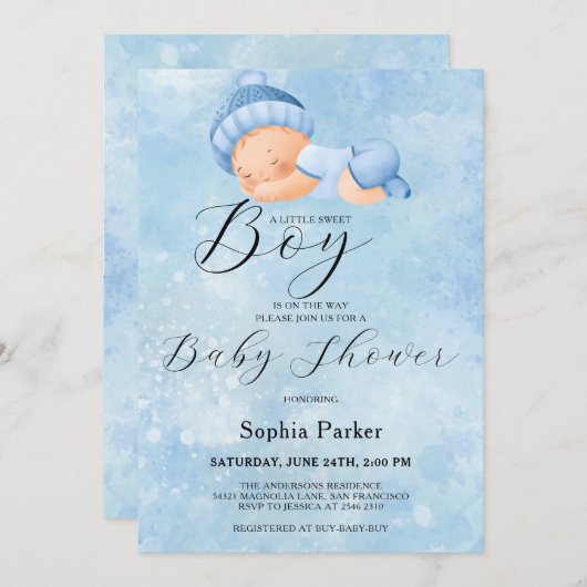 Watercolor Baby Boy Invitation (Devant / Derrière)
