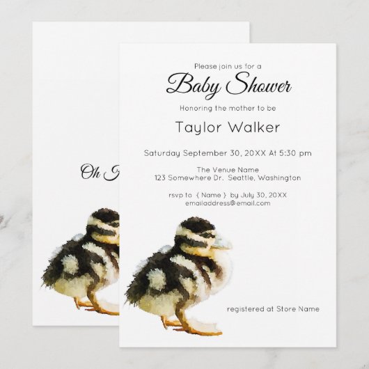 Watercolor Baby Duck Baby shower Invitation (Devant / Derrière)