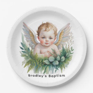 Watercolor baby engel met groen doop papieren bordje