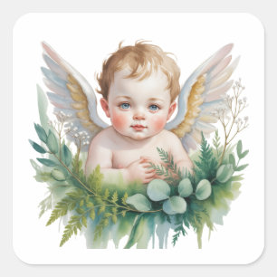 Watercolor baby engel met groen doop  vierkante sticker