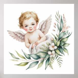 Watercolor baby engel veer vleugels doop poster