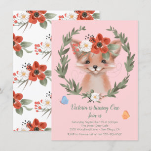 Watercolor Baby Fox wreath Birthday Party Kaart