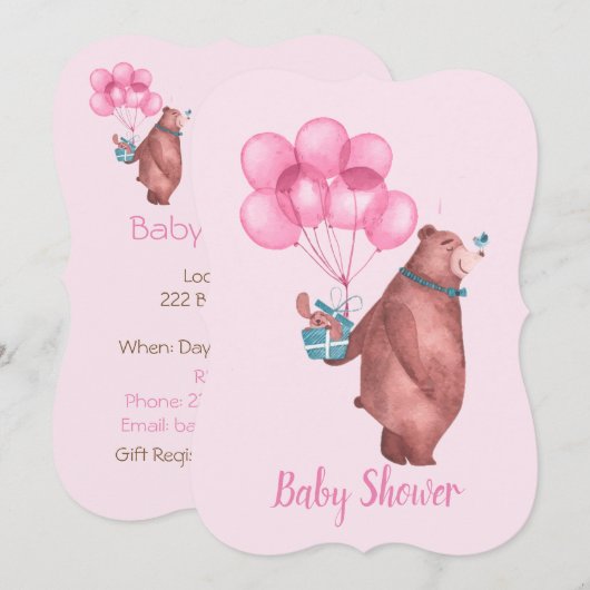 Watercolor Baby Girl Bear Balloons Invitation (Devant / Derrière)