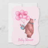 Watercolor Baby Girl Bear Balloons Invitation (Devant)
