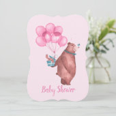 Watercolor Baby Girl Bear Balloons Invitation (Debout devant)