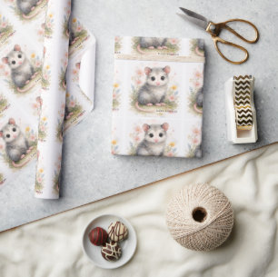Watercolor Baby Opossum Babyfeestje Cadeaupapier