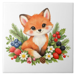 Watercolor baby vos met bessen en bloemen  tegeltje
