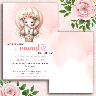 Watercolor babyfeest perzik olifant uitnodiging