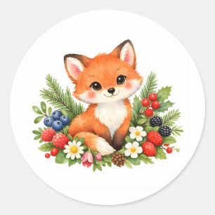 Watercolor babyvos met bessen en bloemen  ronde sticker