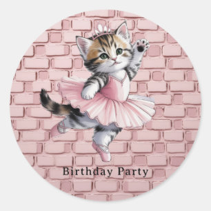 Watercolor Ballerina Kitten Meisje Verjaardagsfees Ronde Sticker