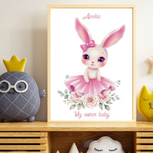 Watercolor Ballerina Konijn Kinderkamer Canvas Afdruk