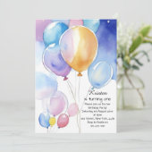 Watercolor Balloon 1er Anniversaire Invitation (Debout devant)