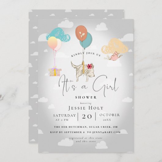 Watercolor Balloon Puppy Baby Girl Shower Kaart (Voorkant / Achterkant)