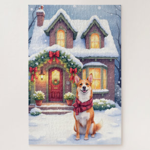Watercolor Basenji Rijtjeshuis Kerstvakantie Legpuzzel