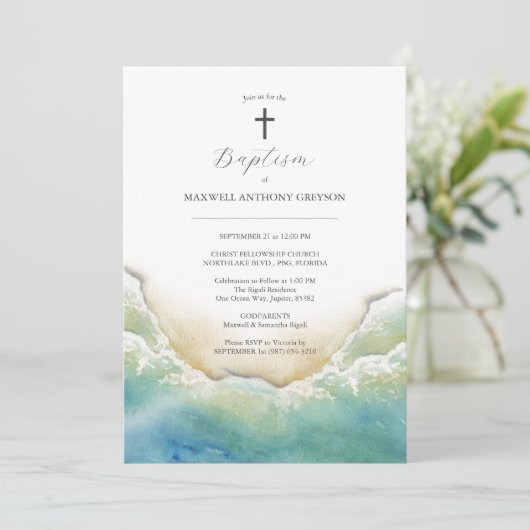 Watercolor Beach Baptism Invitations (Debout devant)