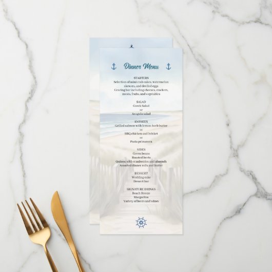 Watercolor Beach, Coastal New England Wedding Menu (Voorkant / Achterkant in situ)