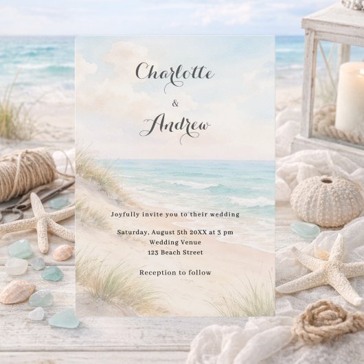 Watercolor beach coatal modern wedding kaart