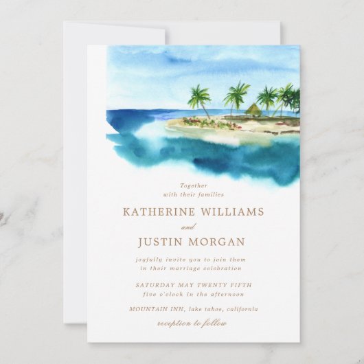 watercolor beach destination mariage invitation (Devant)