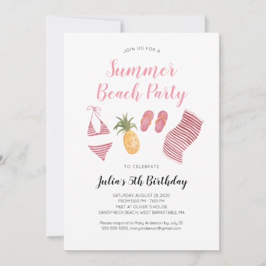 Watercolor Beach Invitation de fête d'anniversaire (Devant)