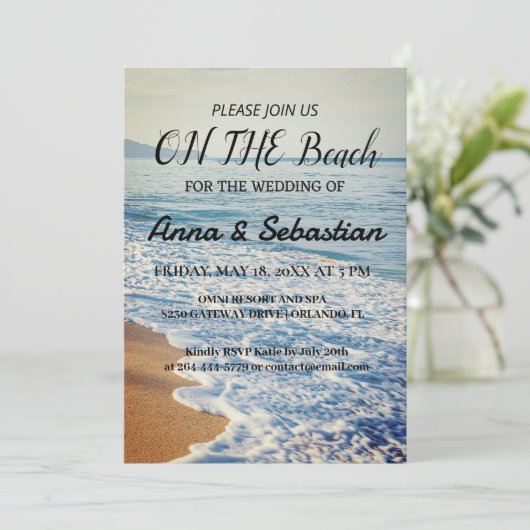 Watercolor Beach Sur La Plage Mariage Invitation (Debout devant)