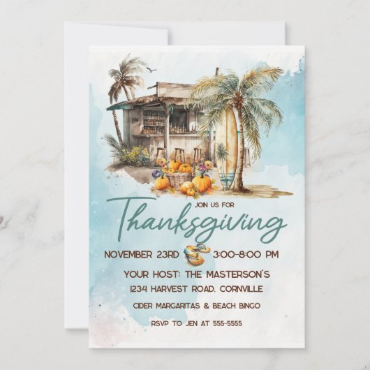 Watercolor Beach Thanksgiving Invitation (Devant)
