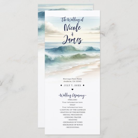 Watercolor Beach Waves Programme de mariage côtier (Devant / Derrière)