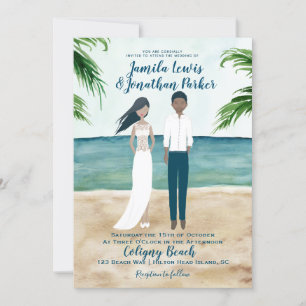 Watercolor Beach Wedding Invitation Couple noir