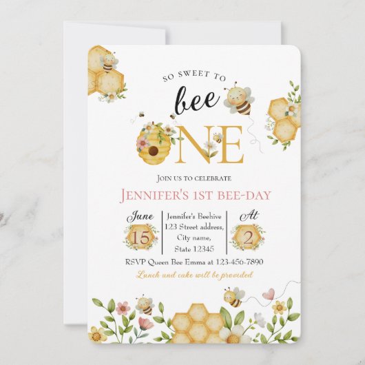 Watercolor Bee First Birthday Invitation (Devant)