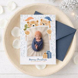 Watercolor Beerfamilie Nieuwe Baby Kerst Foto Feestdagenkaart