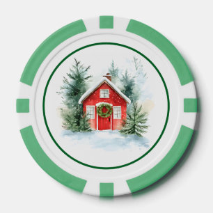 Watercolor Besneeuwde Cottage Christmas Poker Chip