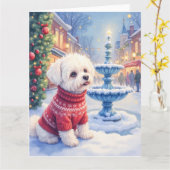 Watercolor Bichon Frise Festive Fountain Christmas Kaart (Gele Bloem)