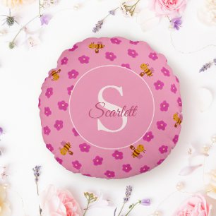 Watercolor Bij en Bloemen Monogram Naam Rond Kussen