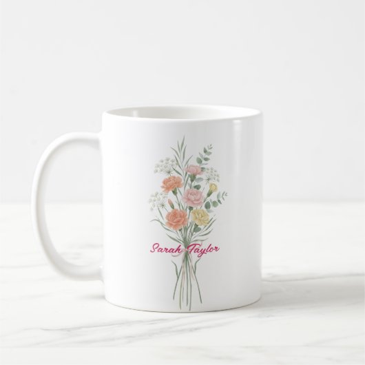 Watercolor Birth Flower Carnation Personalized Mug (Gauche)
