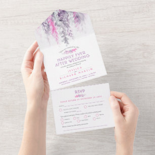 Watercolor bladeren indigoblauw roze huwelijksfees all in one uitnodiging