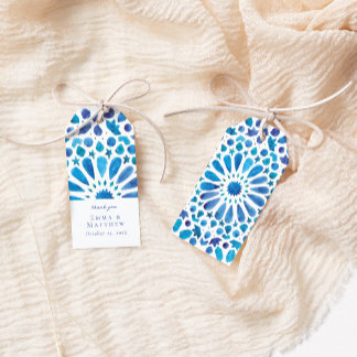 Watercolor Blau Mediterraan Tegel Huwelijk Cadeaulabel