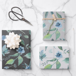 Watercolor Blauw op Grijs Bloemendrio Inpakpapier Vel