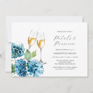 Watercolor Blauwe Bloemblaadjes & Prosecco Bruidsf Kaart
