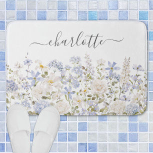 Watercolor Blauwe Bloemen Bloemige Elegante Monogr Badmat