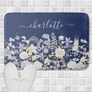 Watercolor Blauwe Bloemen Bloemige Elegante Monogr Badmat