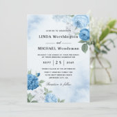 Watercolor blauwe bloemen bruiloft uitnodigingen (Staand voorkant)